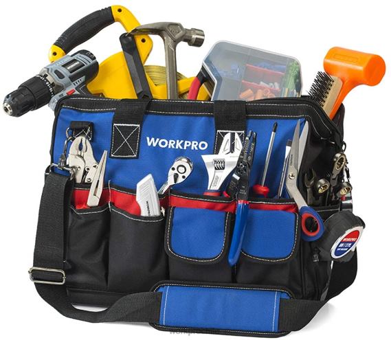 Bolsa de herramientas con ranura superior cerrada y amplia con base impermeable y correas ajustables para los hombros. WORKPRO JDN8Z30 moderno almacenamiento