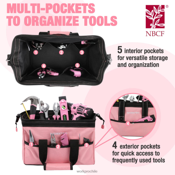 Bolsa de herramientas de 13 pulgadas, bolsas de almacenamiento de herramientas de tela suave WORKPRO JDN8Z29 rosa almacenamiento