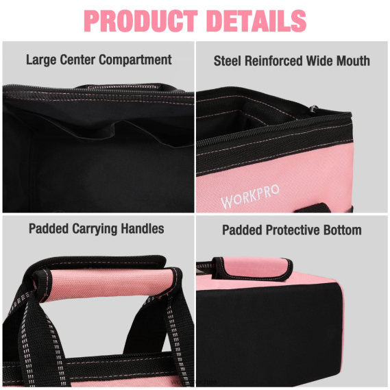 Bolsa de herramientas de 13 pulgadas, bolsas de almacenamiento de herramientas de tela suave WORKPRO JDN8Z29 rosa almacenamiento