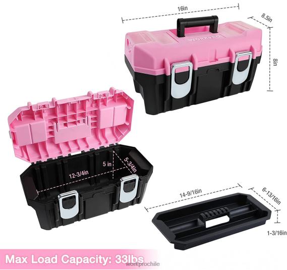 Caja de herramientas de 16 pulgadas, caja de herramientas de plástico con pestillo de metal y bandeja extraíble WORKPRO JDN8Z23 rosa almacenamiento
