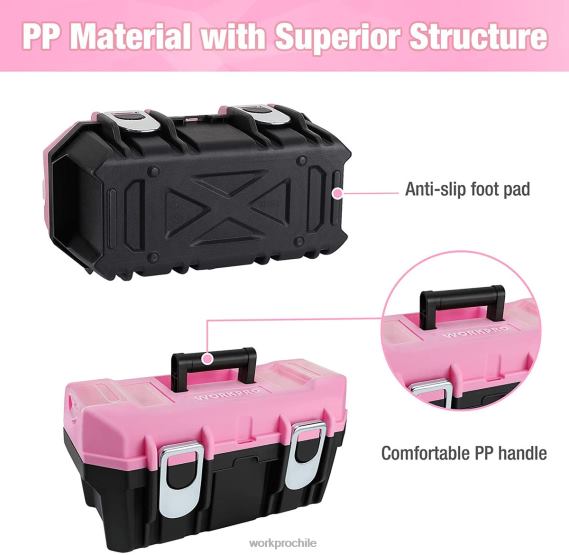 Caja de herramientas de 16 pulgadas, caja de herramientas de plástico con pestillo de metal y bandeja extraíble WORKPRO JDN8Z23 rosa almacenamiento