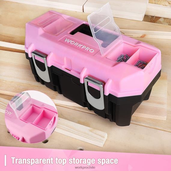 Caja de herramientas de 16 pulgadas, caja de herramientas de plástico con pestillo de metal y bandeja extraíble WORKPRO JDN8Z23 rosa almacenamiento