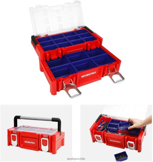 Caja de herramientas de plástico de 17 pulgadas, caja de almacenamiento con tapa con cerradura y mango de acero inoxidable WORKPRO JDN8Z25 rojo almacenamiento