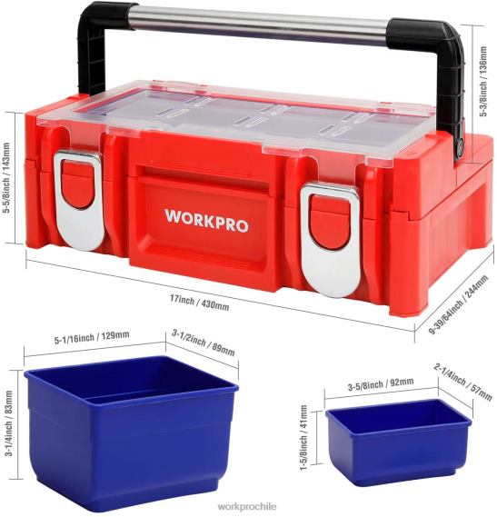 Caja de herramientas de plástico de 17 pulgadas, caja de almacenamiento con tapa con cerradura y mango de acero inoxidable WORKPRO JDN8Z25 rojo almacenamiento