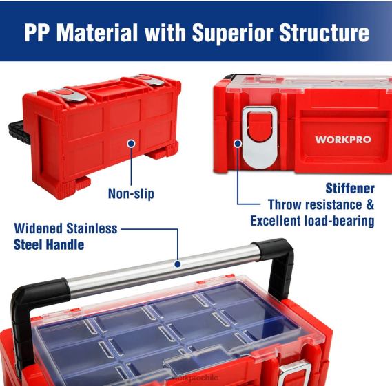 Caja de herramientas de plástico de 17 pulgadas, caja de almacenamiento con tapa con cerradura y mango de acero inoxidable WORKPRO JDN8Z25 rojo almacenamiento