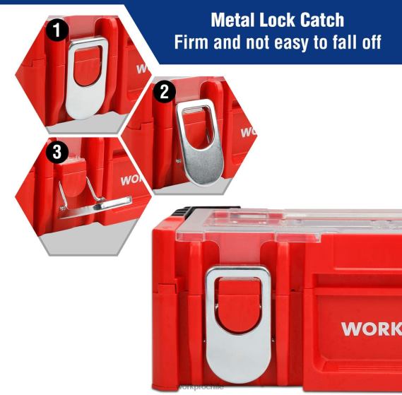 Caja de herramientas de plástico de 17 pulgadas, caja de almacenamiento con tapa con cerradura y mango de acero inoxidable WORKPRO JDN8Z25 rojo almacenamiento