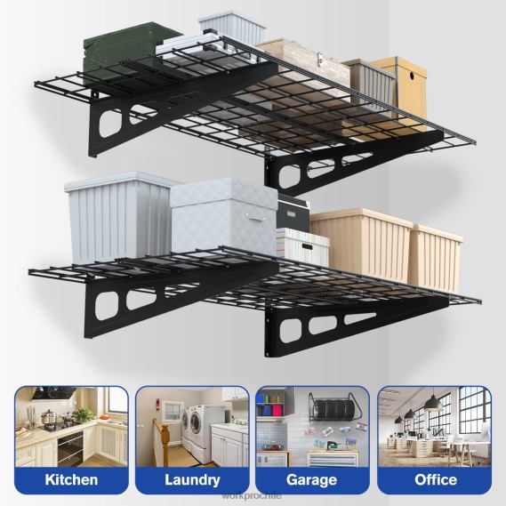 Paquete de 2 estanterías resistentes montadas en la pared para garaje de 2x4 pies, capacidad de carga de 400 libras (total) WORKPRO JDN8Z14 negro almacenamiento