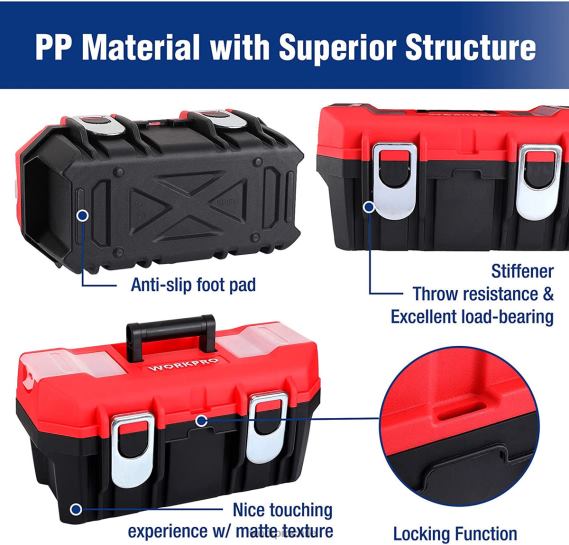 caja de herramientas portátil con bandeja extraíble caja de herramientas resistente con 2 pestillos de metal WORKPRO JDN8Z33 útil almacenamiento