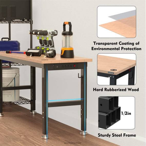 Banco de trabajo ajustable Capacidad de carga de 2000 libras Mesa de trabajo de madera dura con tomas de corriente WORKPRO JDN8Z1 útil almacenamiento