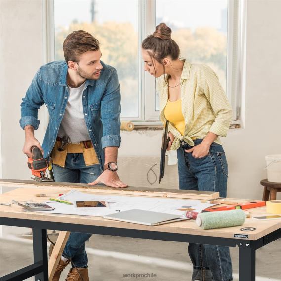 Banco de trabajo ajustable Capacidad de carga de 2000 libras Mesa de trabajo de madera dura con tomas de corriente WORKPRO JDN8Z1 útil almacenamiento