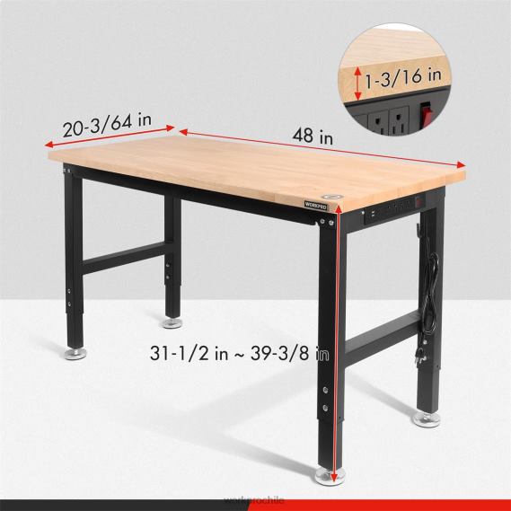 Banco de trabajo ajustable Capacidad de carga de 2000 libras Mesa de trabajo de madera dura con tomas de corriente WORKPRO JDN8Z1 útil almacenamiento