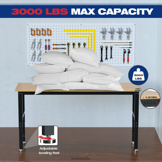 banco de trabajo ajustable mesa de trabajo de madera dura con capacidad de carga de 3000 libras con tomas de corriente WORKPRO JDN8Z4 útil almacenamiento