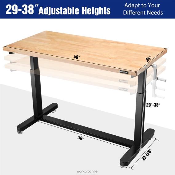 mesa de trabajo de altura ajustable con manivela, con ruedas y patas niveladoras, capacidad de carga de 500 lbs WORKPRO JDN8Z3 útil almacenamiento