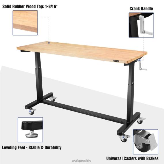 mesa de trabajo de altura ajustable con manivela, con ruedas y patas niveladoras, capacidad de carga de 500 lbs WORKPRO JDN8Z3 útil almacenamiento
