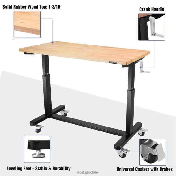 mesa de trabajo de altura ajustable con manivela, con ruedas y patas niveladoras, capacidad de carga de 500 lbs WORKPRO JDN8Z3 útil almacenamiento
