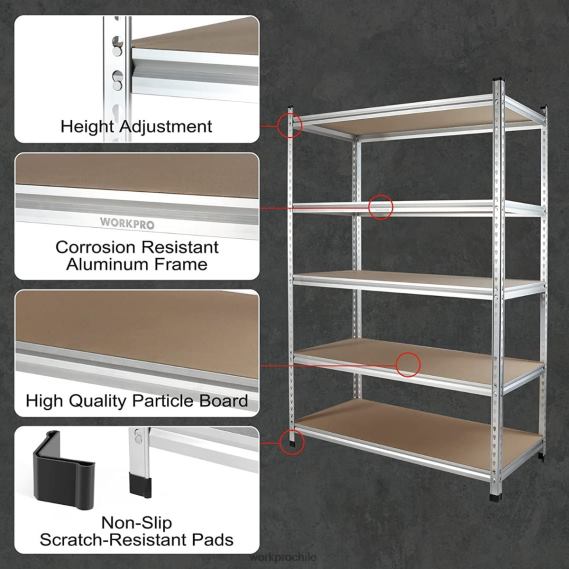 Estantería del almacenamiento de 5 niveles, estante resistente de aleación de aluminio con estante ajustable para almacenamiento WORKPRO JDN8Z9 útil almacenamiento