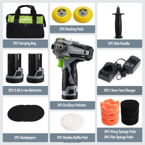 Pulidora inalámbrica de 12 V, mini kit de máquina pulidora y lijadora para detalles de automóviles con 2 baterías de iones de litio WORKPRO JDN8Z229 útil herramienta