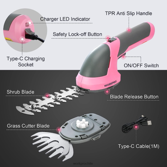 2 en 1 tijeras de podar de arbustos/cortadoras de césped inalámbricas eléctricas de mano de 7,2 v WORKPRO JDN8Z269 rosa/verde/blanco herramienta