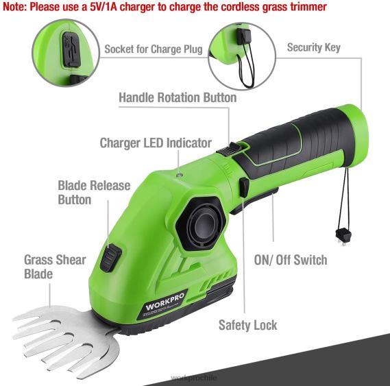 Cortadora de césped y cortadora de arbustos inalámbrica, cortasetos de mano 2 en 1, cortadora de césped eléctrica de 7,2 v, tijeras para setos WORKPRO JDN8Z297 verde blanco herramienta