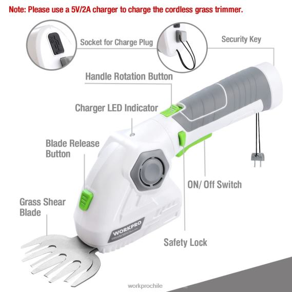 Cortadora de césped y cortadora de arbustos inalámbrica, cortasetos de mano 2 en 1, cortadora de césped eléctrica de 7,2 v, tijeras para setos WORKPRO JDN8Z297 verde blanco herramienta