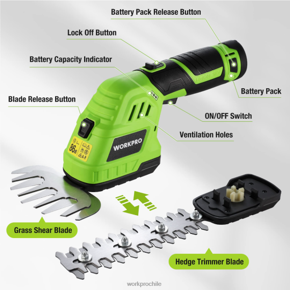 Cortasetos de césped inalámbrico eléctrico 2 en 1 de 12 V y cortasetos de arbustos de mano, con batería de iones de litio recargable de 2,0 Ah y cargador rápido de 1 hora WORKPRO JDN8Z301 moderno herr
