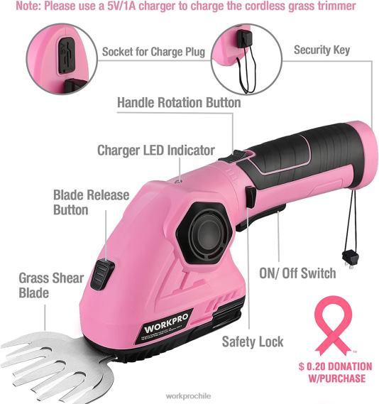 Cortasetos de mano 2 en 1, cortasetos/cortasetos eléctricos de 7,2 v WORKPRO JDN8Z266 rosa herramienta