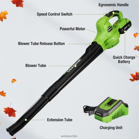 Mini soplador de hojas inalámbrico ligero de 20 V con batería y cargador, control de 2 velocidades WORKPRO JDN8Z303 moderno herramienta