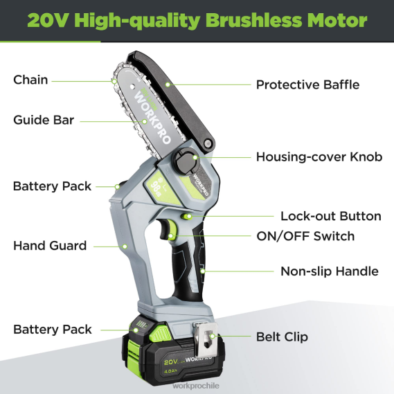 Motosierra compacta inalámbrica sin escobillas de 20v con batería de 4.0ah y cadena de repuesto WORKPRO JDN8Z298 moderno herramienta