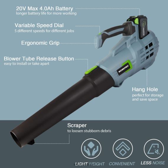 Soplador de hojas inalámbrico de 20v con 5 velocidades ajustables Batería de mayor capacidad 4.0ah y cargador rápido incluido WORKPRO JDN8Z292 útil herramienta