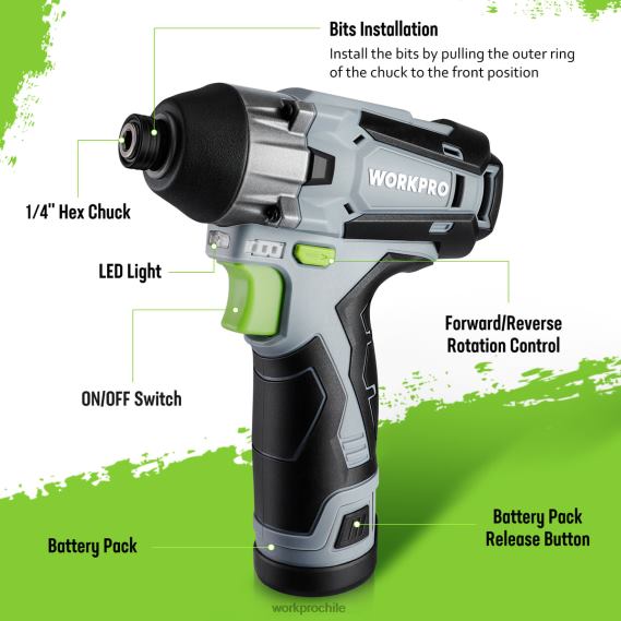 Kit de destornillador de impacto inalámbrico de 12 V, juego de taladro/destornillador de impacto eléctrico hexagonal con batería de iones de litio de 2,0 Ah WORKPRO JDN8Z190 nuevo herramienta