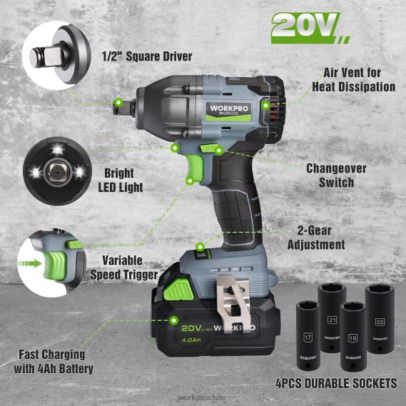Llave de impacto inalámbrica de 20v, con batería de 4,0 ah, cargador rápido, 4 tomas de impacto y estuche de almacenamiento WORKPRO JDN8Z188 moderno herramienta
