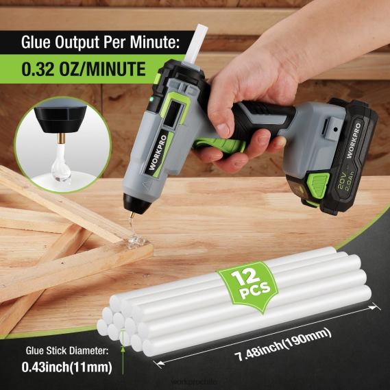 Kit de pistola de pegamento caliente inalámbrico con 12 barras de pegamento, batería de iones de litio de 20 V y 2,0 Ah WORKPRO JDN8Z165 útil herramienta