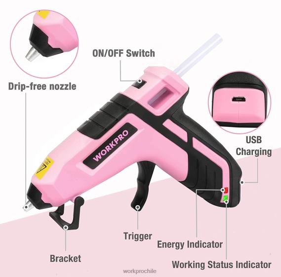 Mini pistola de pegamento inalámbrica de precalentamiento rápido y derretido con barra de pegamento premium de 20 piezas WORKPRO JDN8Z163 azul rosado herramienta