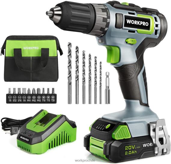 Incluye kit de taladro atornillador inalámbrico de 20 V, batería de iones de litio de 2,0 Ah, cargador rápido de 1 hora y bolsa de almacenamiento de 11 pulgadas. WORKPRO JDN8Z176 verde herramienta