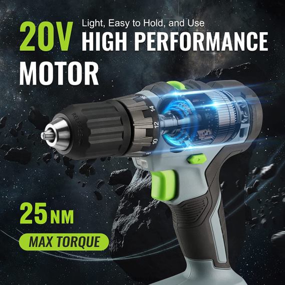 Incluye kit de taladro atornillador inalámbrico de 20 V, batería de iones de litio de 2,0 Ah, cargador rápido de 1 hora y bolsa de almacenamiento de 11 pulgadas. WORKPRO JDN8Z176 verde herramienta
