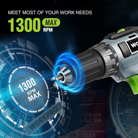 Incluye kit de taladro atornillador inalámbrico de 20 V, batería de iones de litio de 2,0 Ah, cargador rápido de 1 hora y bolsa de almacenamiento de 11 pulgadas. WORKPRO JDN8Z176 verde herramienta