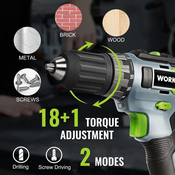 Incluye kit de taladro atornillador inalámbrico de 20 V, batería de iones de litio de 2,0 Ah, cargador rápido de 1 hora y bolsa de almacenamiento de 11 pulgadas. WORKPRO JDN8Z176 verde herramienta