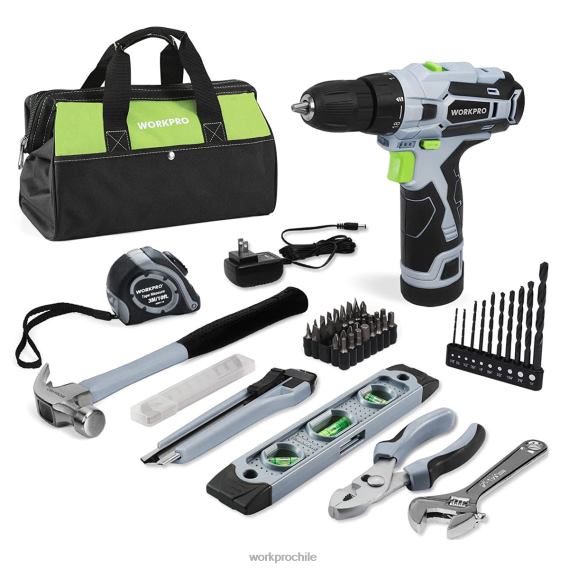 Juego de herramientas para el hogar y taladro inalámbrico de 12 V de 61 piezas, bolsa de almacenamiento de 14 pulgadas incluida WORKPRO JDN8Z174 gris herramienta