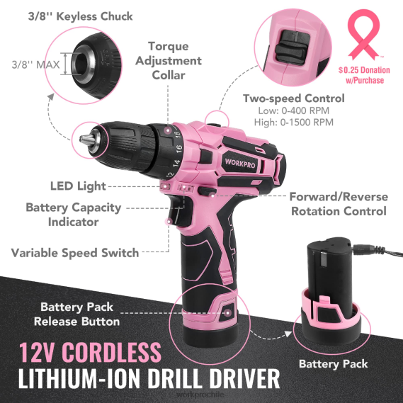 Juego de herramientas portátiles de 108 piezas con taladro eléctrico. WORKPRO JDN8Z173 rosa/gris herramienta