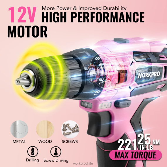 Juego de herramientas portátiles de 108 piezas con taladro eléctrico. WORKPRO JDN8Z173 rosa/gris herramienta