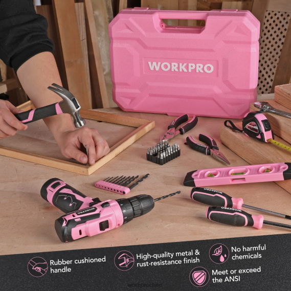 Juego de herramientas portátiles de 108 piezas con taladro eléctrico. WORKPRO JDN8Z173 rosa/gris herramienta