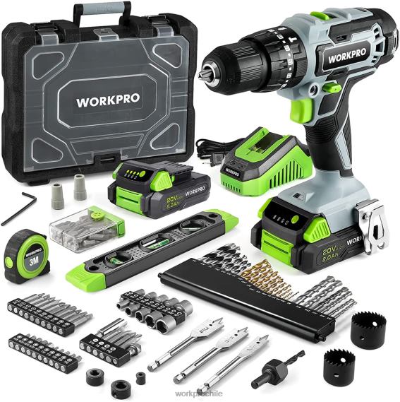 Juego de taladro inalámbrico de 20 V máximo, herramienta de taladro de impacto eléctrico con 102 piezas de accesorios, 2 baterías de iones de litio de 2,0 Ah con cargador rápido WORKPRO JDN8Z170 útil