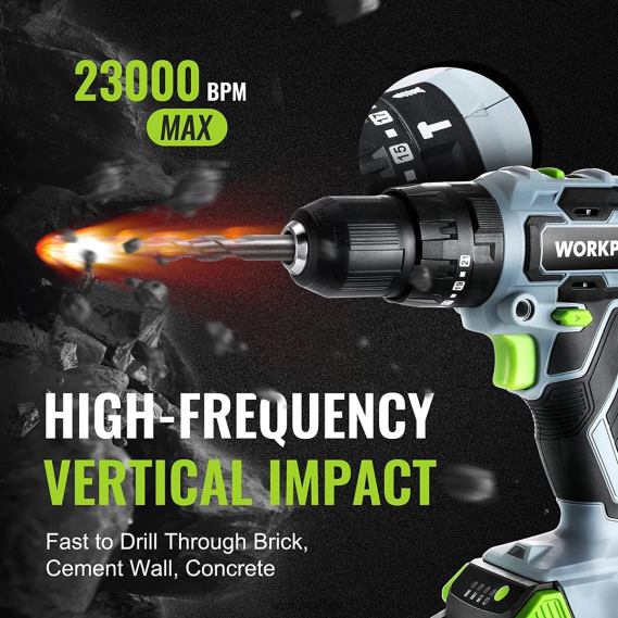 Juego de taladro inalámbrico de 20 V máximo, herramienta de taladro de impacto eléctrico con 102 piezas de accesorios, 2 baterías de iones de litio de 2,0 Ah con cargador rápido WORKPRO JDN8Z170 útil