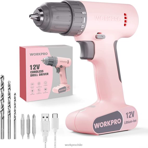 Juego de taladro y destornillador inalámbrico de 12 V con 6 puntas, portabrocas sin llave de 3/8 de pulgada, velocidad variable, configuración de 18 toques WORKPRO JDN8Z175 rosa/blanco herramienta