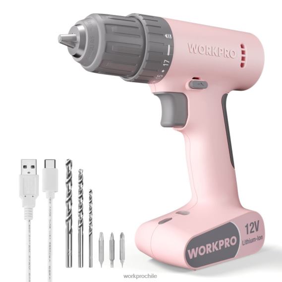 Juego de taladro y destornillador inalámbrico de 12 V con 6 puntas, portabrocas sin llave de 3/8 de pulgada, velocidad variable, configuración de 18 toques WORKPRO JDN8Z175 rosa/blanco herramienta