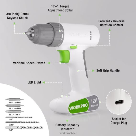 Juego de taladro y destornillador inalámbrico de 12 V con 6 puntas, portabrocas sin llave de 3/8 de pulgada, velocidad variable, configuración de 18 toques WORKPRO JDN8Z175 rosa/blanco herramienta