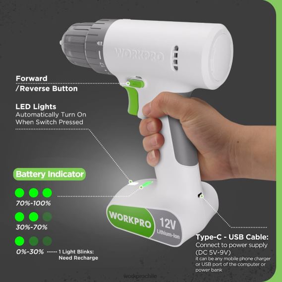 Juego de taladro y destornillador inalámbrico de 12 V con 6 puntas, portabrocas sin llave de 3/8 de pulgada, velocidad variable, configuración de 18 toques WORKPRO JDN8Z175 rosa/blanco herramienta