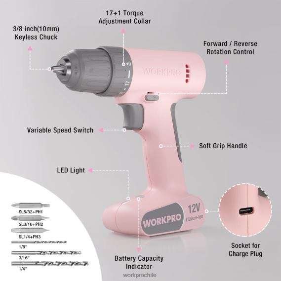 Juego de taladro y destornillador inalámbrico de 12 V con 6 puntas, portabrocas sin llave de 3/8 de pulgada, velocidad variable, configuración de 18 toques WORKPRO JDN8Z175 rosa/blanco herramienta