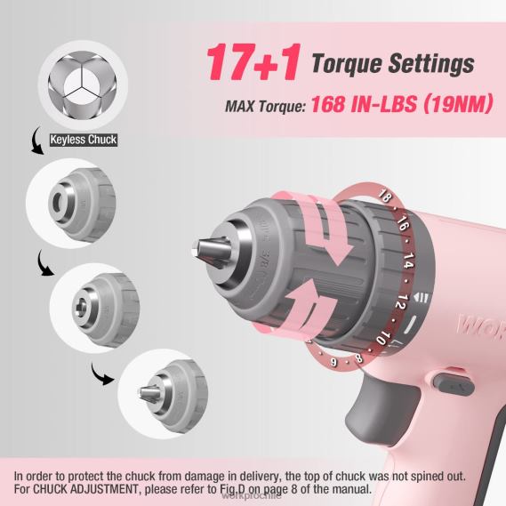 Juego de taladro y destornillador inalámbrico de 12 V con 6 puntas, portabrocas sin llave de 3/8 de pulgada, velocidad variable, configuración de 18 toques WORKPRO JDN8Z175 rosa/blanco herramienta