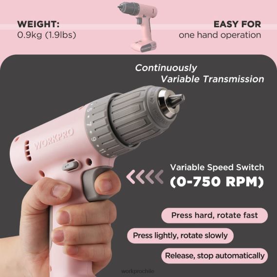 Juego de taladro y destornillador inalámbrico de 12 V con 6 puntas, portabrocas sin llave de 3/8 de pulgada, velocidad variable, configuración de 18 toques WORKPRO JDN8Z175 rosa/blanco herramienta